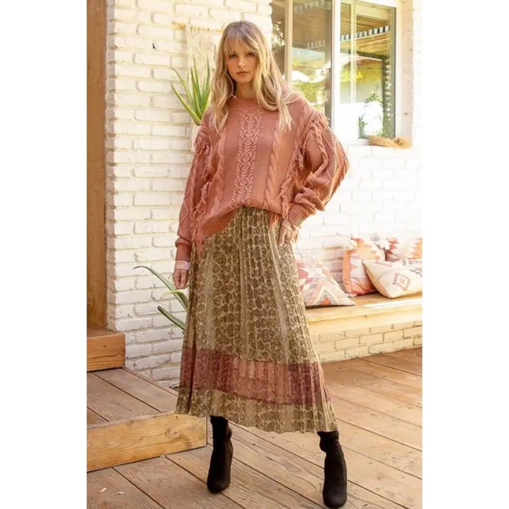 Boho Tiered Midi Skirt Earth Tone Floral Flowy Size Small